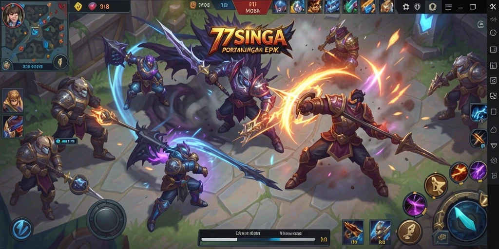Screenshot utama dari gameplay MOBA 77SINGA yang menegangkan.