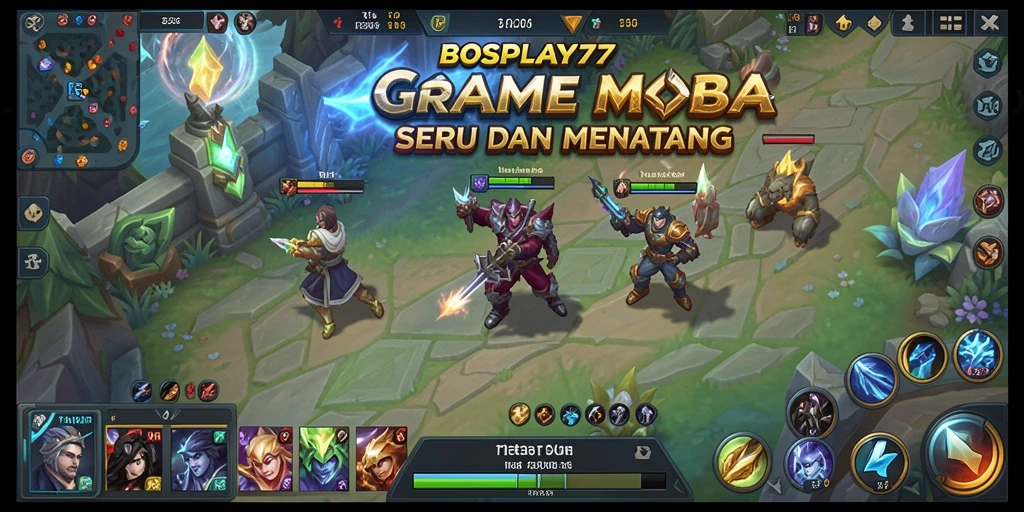 Tangkapan layar dari gameplay BOSPLAY77 menampilkan pertarungan epik antar karakter di arena MOBA.