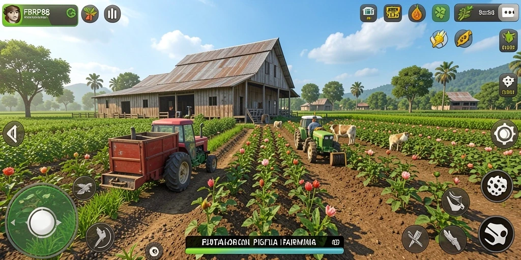 Tampilan gameplay FBRP88 saat merawat tanaman dan hewan.