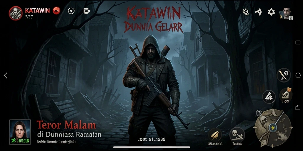 Screenshot gameplay KATAWIN menampilkan suasana horror yang mencekam.