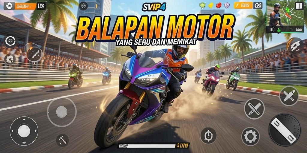 Screenshot dari gameplay balapan motor yang seru dan menantang.