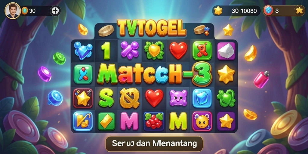 Tampilan gameplay seru dari TVTOGEL dengan elemen Match-3 yang berwarna-warni.